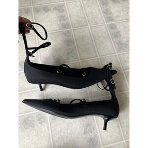 Zara Black Fabric Kitten Heels Strappy‎ Buckle EU 41 US 10 High Zip Back